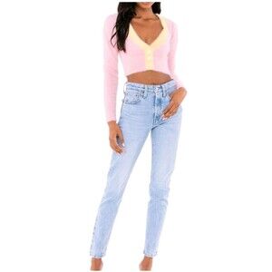 For Love and Lemons Cardigan Sheila Cropped Pink W/warm Yellow Trim Med